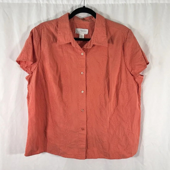 CJ Banks Blouse Women's 1X Orange Floral Button Up Short Sleeve Collared - Picture 1 of 9
